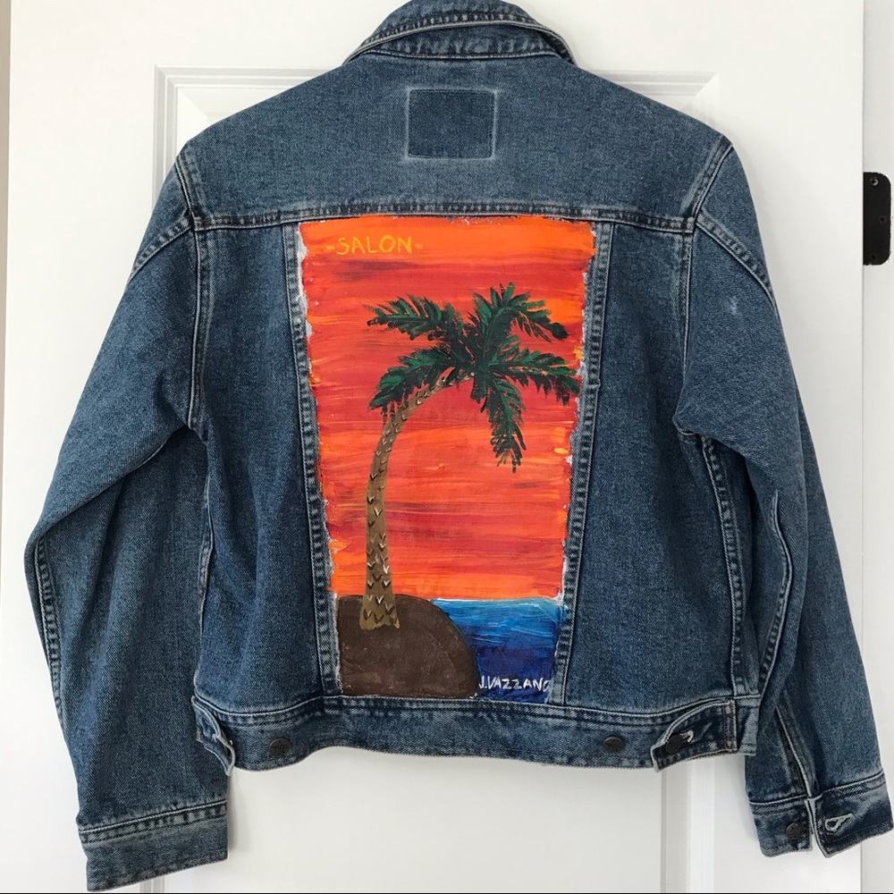 Denim Jacket, Custom Painted Palm Tree Design